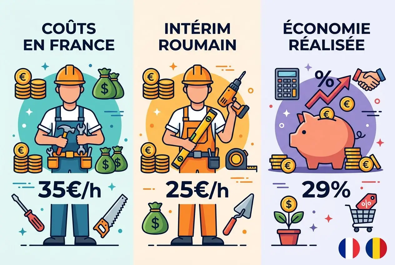 Affiche illustrant le coût en France pour le BTP: ouvriers avec divers outils, piles de pièces et sacs d’argent; intensif travail temporaire à 25€/h, avec section « coûts en France » et “intérim roumain” et économie réalisée à 29%.