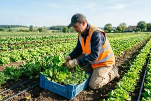 Agriculteur en gilet orange réfléchissant cueillant des salades dans une rangée de culture, cadre rural. besoin personnel agricole urgent intégré: "Besoin personnel agricole urgent" appears naturally: "Ouvrier agricole vérifiant et récoltant des salades dans un champ, répondant au besoin personnel agricole urgent."