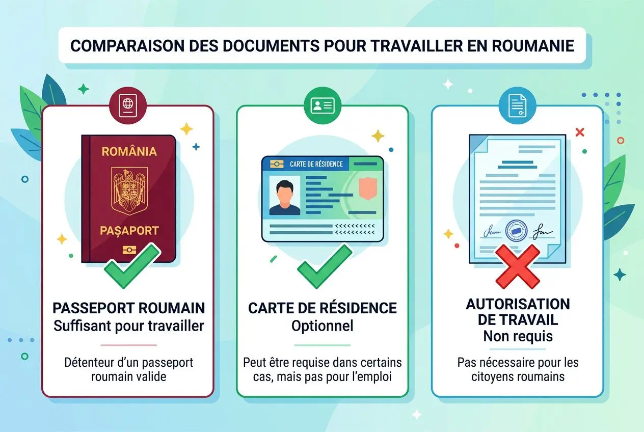 Comparaison des documents pour travailler en Roumanie: passeport roumain valide, carte de résidence optionnelle, autorisation de travail non requise pour les citoyens roumains. authorisation travail roumain en france intégrée.