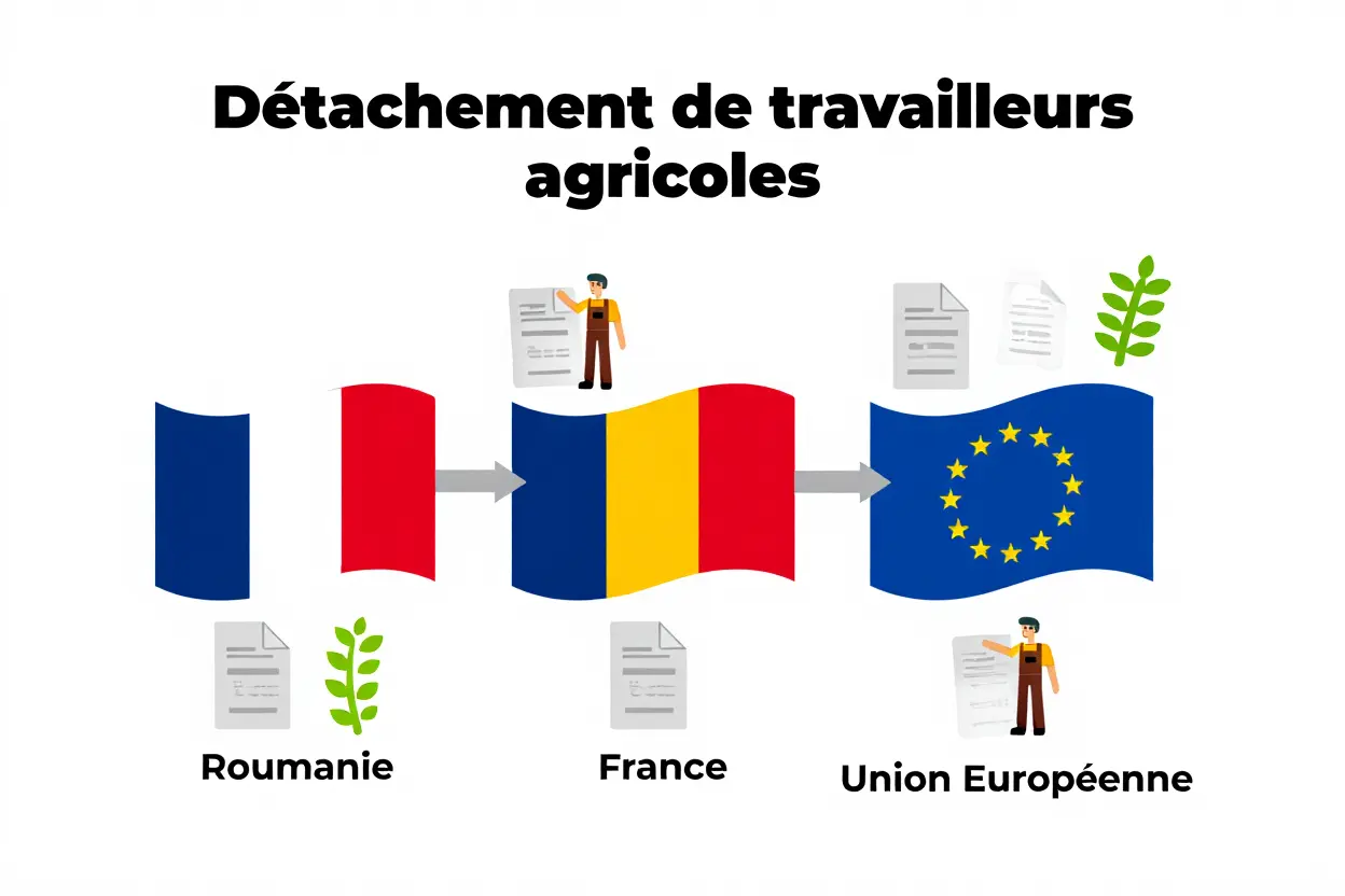 Détachement de travailleurs agricoles: Roumanie → France → Union européenne, avec documents et acteurs sur fond de drapeaux et plantes. Besoin personnel agricole urgent intégré.