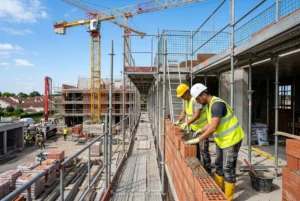 Deux ouvriers sur un chantier BTP en construction, posant des briques sur une rangée, avec grue et结构 métallique autour. besoin main d'oeuvre btp urgence intégré naturellement.