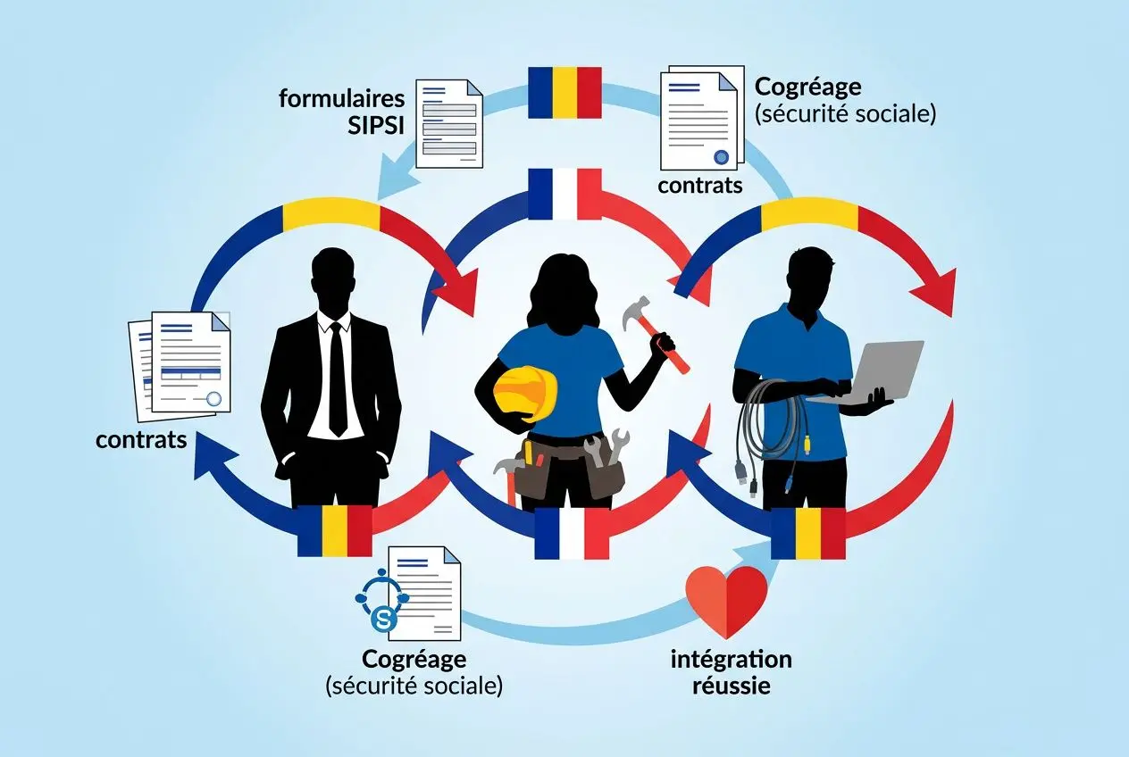 Diagramme illustrant le détachement de travailleurs en france: cycles avec trois silhouettes et flèches colorées reliant contrats, formulaire SIPSI, sécurité sociale, et intégration réussie.