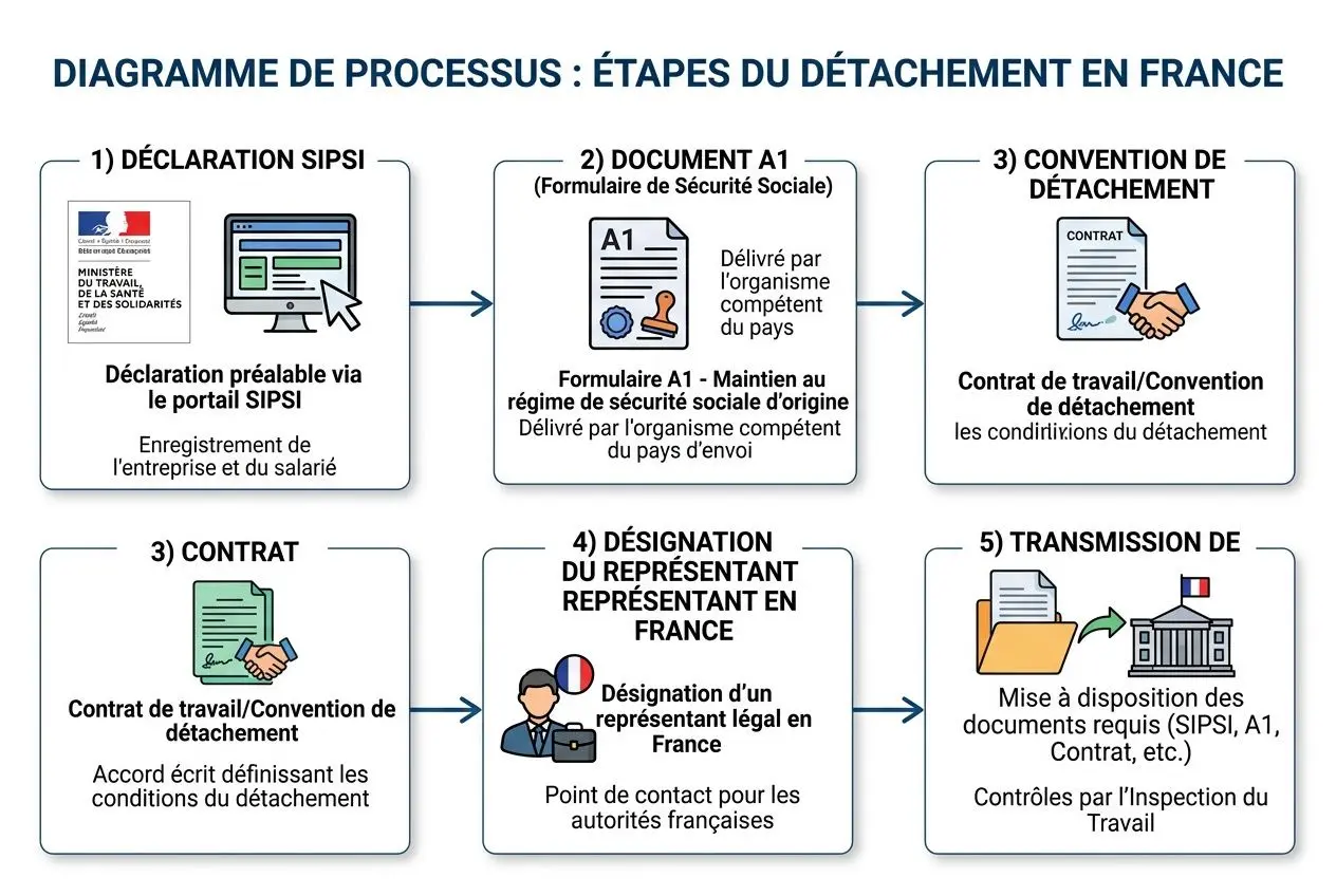 Diagramme illustrant les étapes du détachement en france pour l’employeur: SIPSI, formulaire A1, convention de détachement, contrat, désignation du représentant et transmission des documents. Détachement de travailleurs en France.