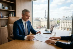 Homme d’affaires en costume signe un document lors d'une réunion près d’une grande fenêtre, avec un paysage urbain et la tour Eiffel en arrière-plan. Mise à disposition de personnel code du travail.