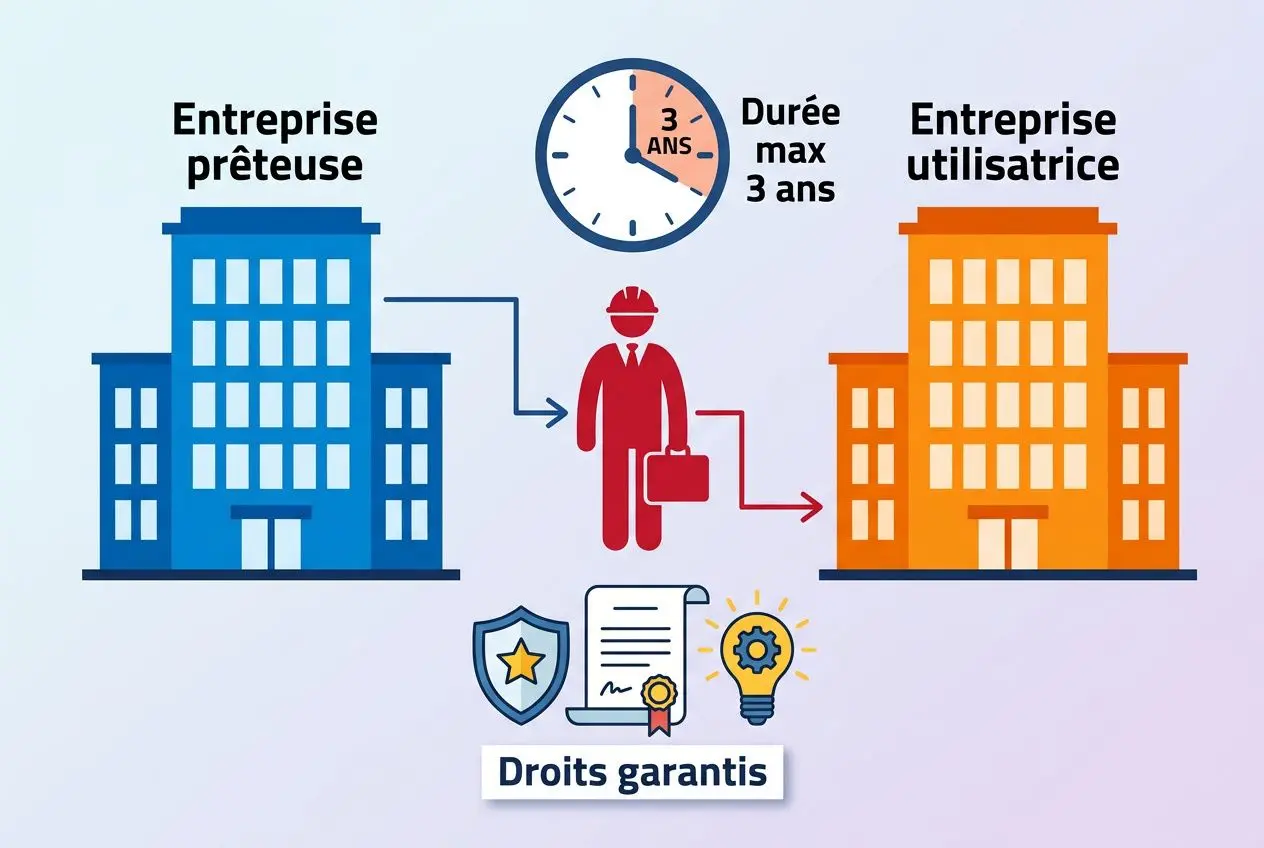 Illustration montrant une entreprise prêteuse à gauche et une entreprise utilisatrice à droite, avec un salarié entre les deux et des icônes droits garantis en bas. Mise à disposition de personnel code du travail évoquée.
