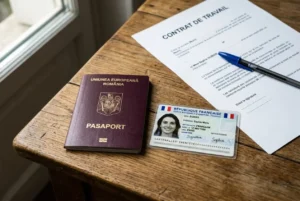 Passeport roumain et carte d'identité associée à un contrat de travail sur une table, près d’un document “Contrat de travail”