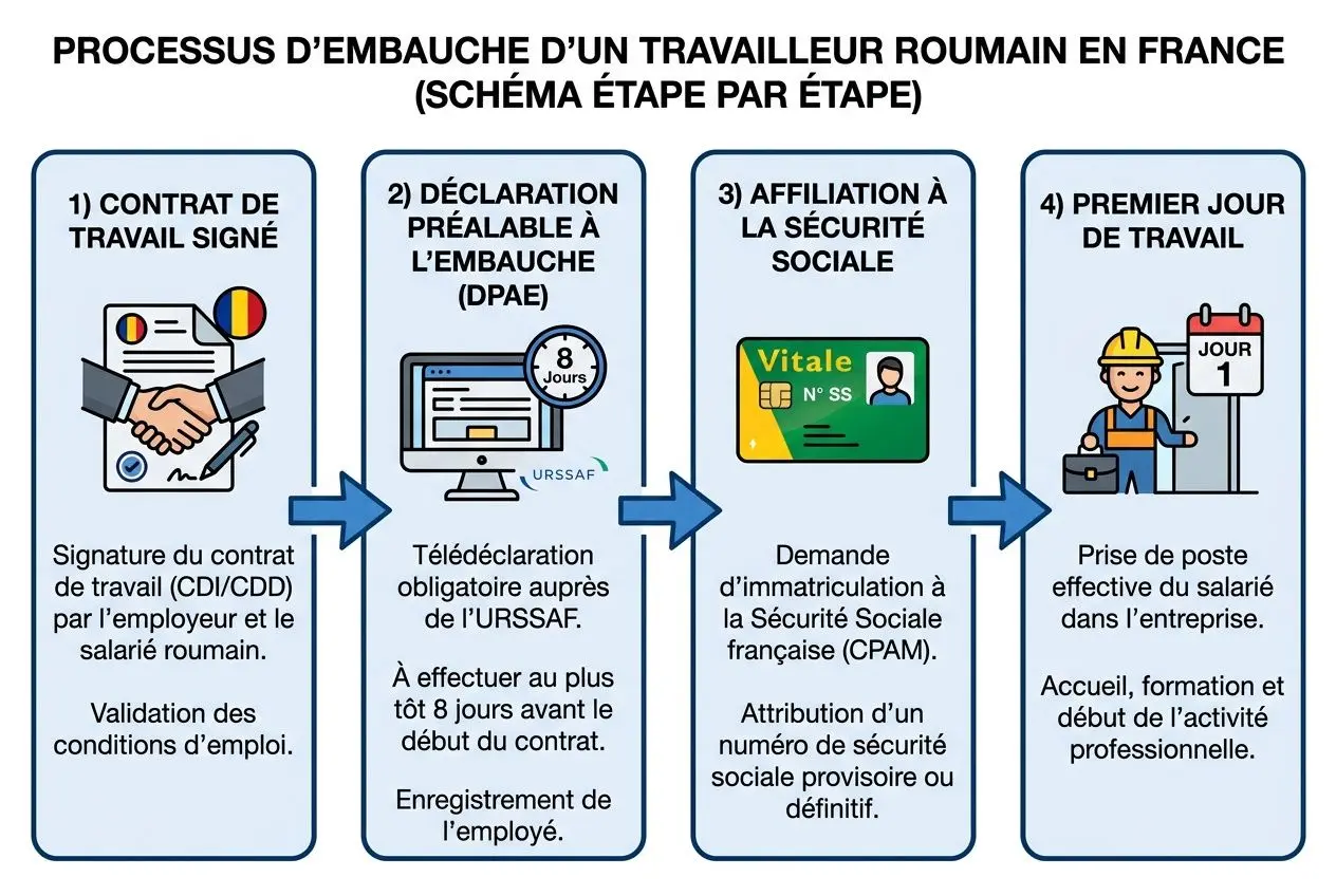 Processus d’embauche d’un travailleur roumain en France: quatre étapes graphiques illustrant le contrat signé, la DPAE, l’affiliation à la sécurité sociale et le premier jour de travail. Autorisation travail roumain en france intégrée.