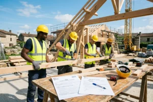 Trois ouvriers en chantier portent des casques jaunes et gilets réfléchissants, travaillant sur une charpente en bois avec documents et outils sur une table. Détachement de travailleurs en france.