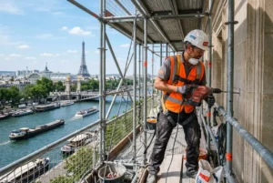 Agent de chantier sur échafaudage à Paris, utilisant une perceuse sur un mur, avec la Seine et la Tour Eiffel en arrière-plan. agence intérim btp paris.