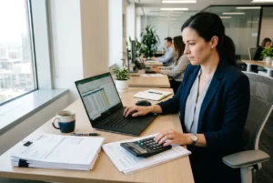 Consultante en bureau moderne calculant le coût d'un intérimaire pour une entreprise, avec ordinateur, documents et calculatrice sur le bureau près d'une fenêtre.