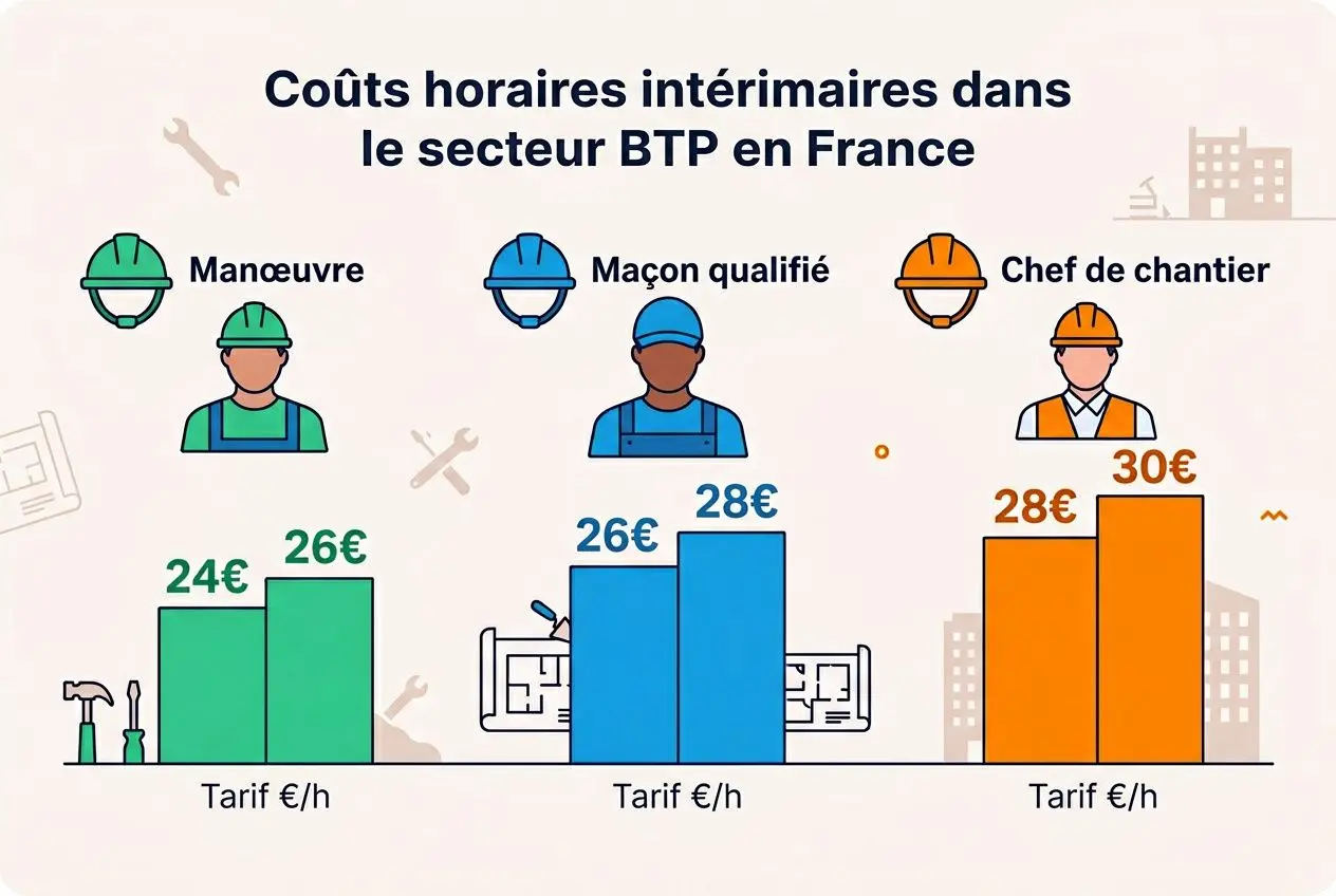 Coût horaire intérimaire dans le BTP: illustration montrant tarifs par métier (manoeuvre 24–26€, maçon qualifié 26–28€, chef de chantier 28–30€) et repères visuels. intégré: coût d'un intérimaire pour une entreprise.