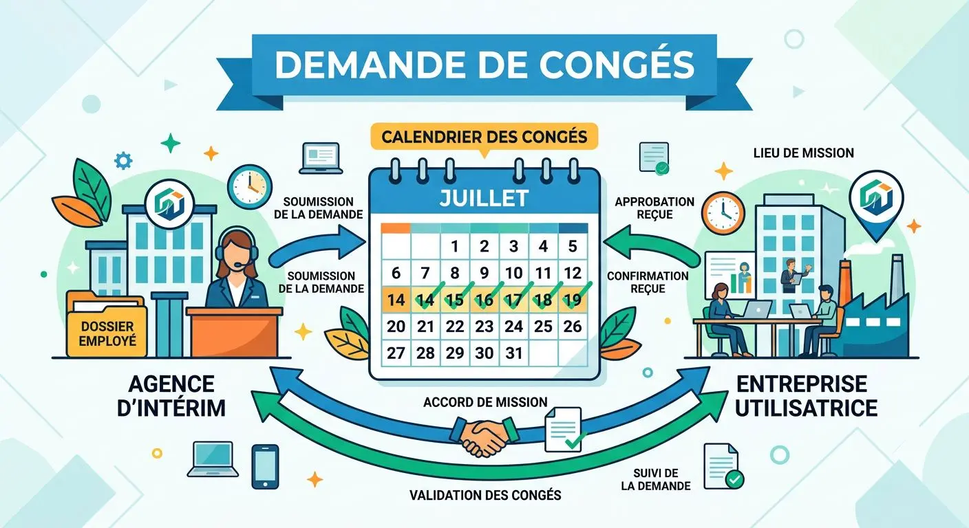 Demande de congés illustrée: “congés payés intérimaire” avec calendrier juillet et processus entre agence d’intérim et entreprise utilisatrice pour le calcul et versement des indemnités.