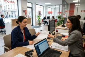 Deux opérationnelles en agence RH discutent et échangent un document en face à face, avec un ordinateur portable ouvert sur le bureau et des brochures, ambiance bureau. Indemnité fin de mission interim est évoquée dans le contexte.