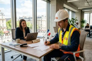 Deux professionnels en bureau moderne: une femme souriante discute à un ordinateur, un homme en casque et gilet reflecteur signe des documents sur une table. duréée maximale d'un contrat d'intérim intégrée naturellement.