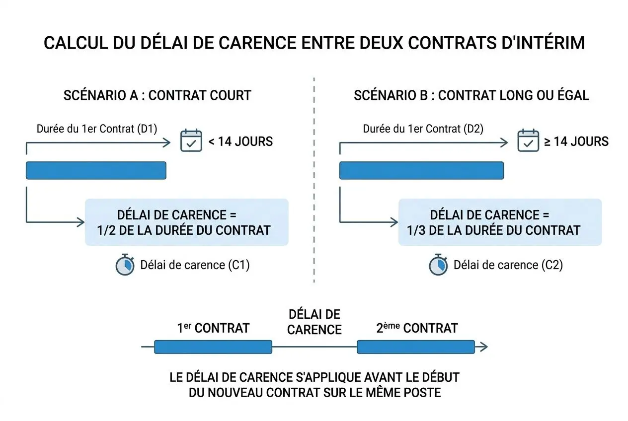 Diagramme explicatif sur la durée maximale d'un contrat d'intérim et le renouvellement, montrant les scénarios court et long, avec délais de carence et échéances.