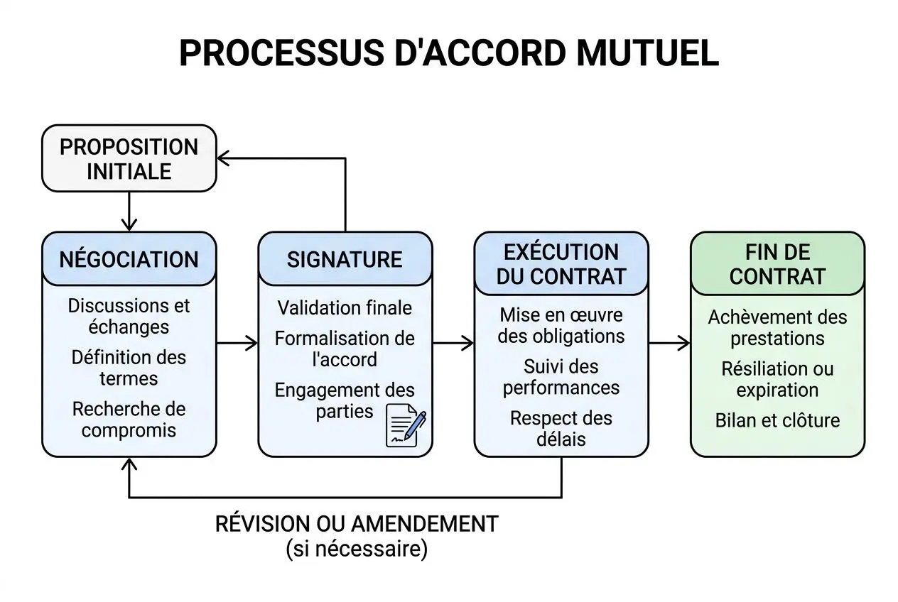 Diagramme du processus d'accord mutuel avec proposition initiale, négociation, signature, exécution du contrat et fin de contrat, incluant révision ou amendement si nécessaire. motif clé: rupture contrat intérim avant terme.