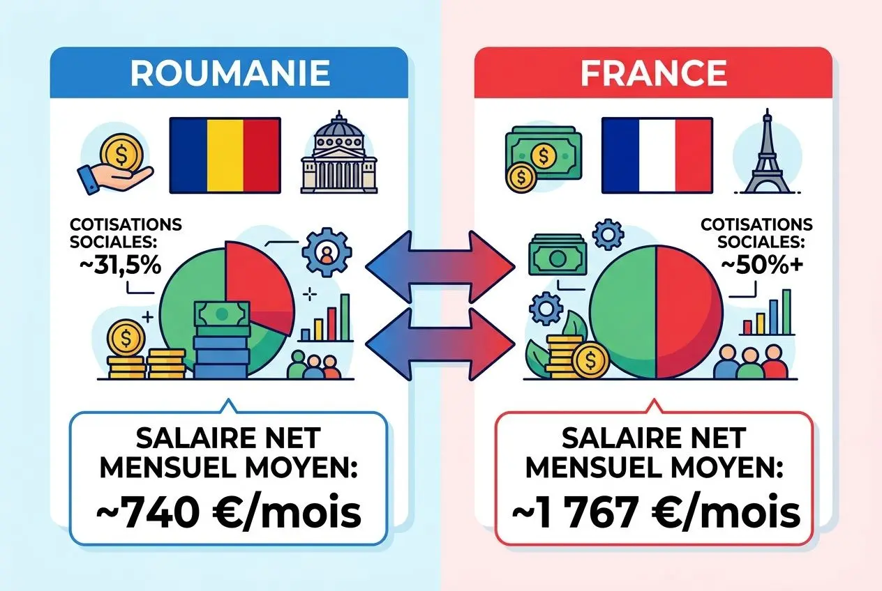 Diaporama comparant Romania et France: coût embauche travailleurs roumains avec salaires nets mensuels (~740 €/mois) et (~1 767 €/mois), charges et intérim. Keywords intégrés naturellement.