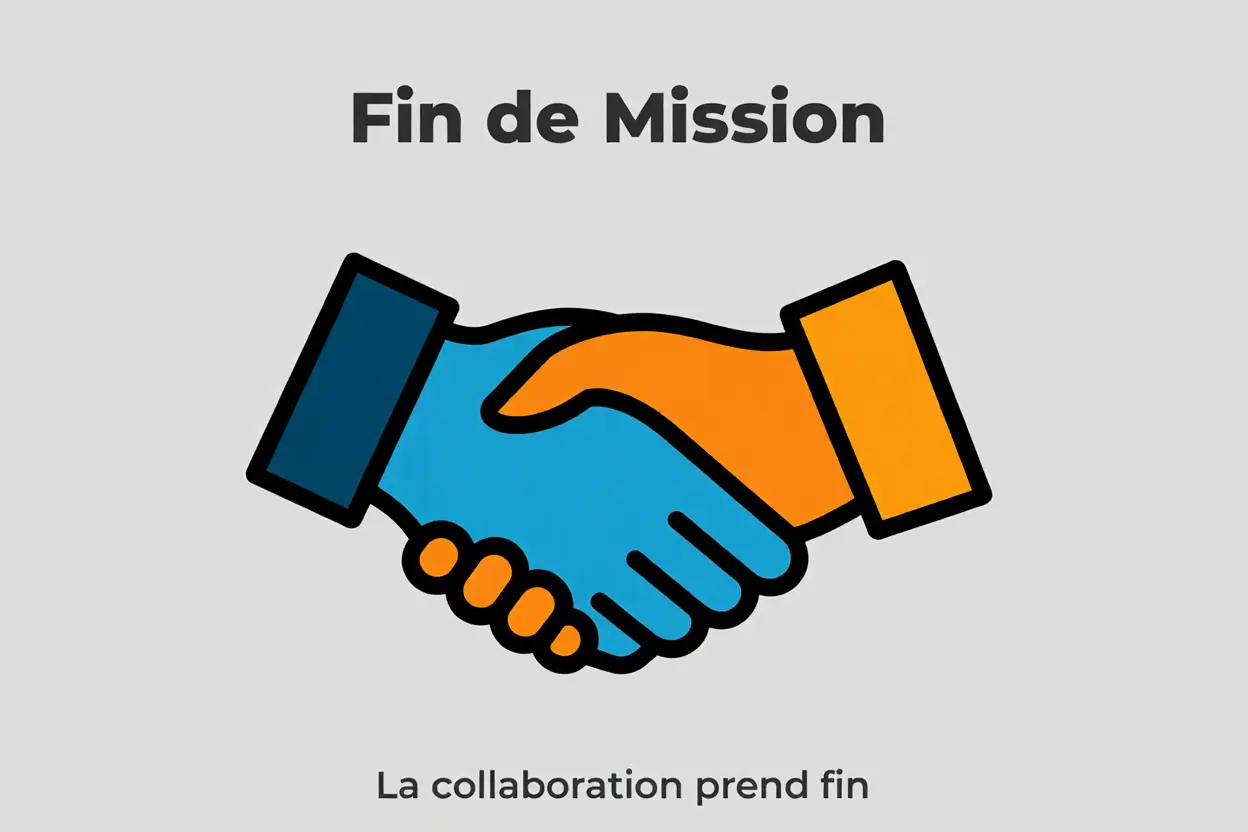 Fin de Mission: deux mains qui se serrent; collaboration terminée, symbole de rupture contrat intérim avant terme et fin de collaboration.