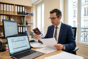Homme d’affaires en costume litige à son bureau, tenant un passeport et des documents, avec un ordinateur portable et des dossiers autour. intègre le thème: comment embaucher légalement un roumain en france.