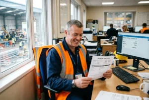Homme salarié en orange réfléchissant à ses congés payés intérimaire, assis à un bureau avec ordinateur et documents de paie.