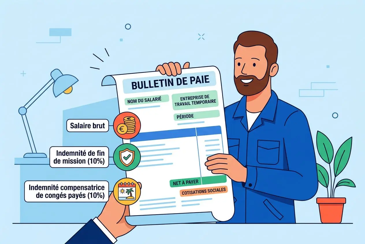 Illustration d’un homme tenant un bulletin de paie et présentant les droits des travailleurs intérimaires, avec éléments de salaire brut et indemnités.