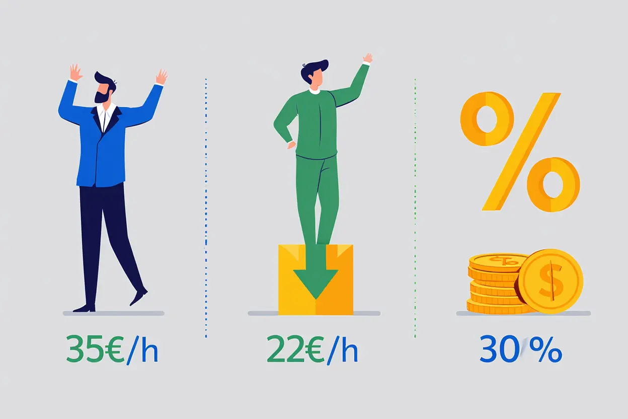 Illustration montrant des chiffres de rémunération: 35€ /h à gauche, 22€ /h au centre, et 30% avec des pièces à droite, suggérant des coûts et commissions liées à une agence intérim roumains france.