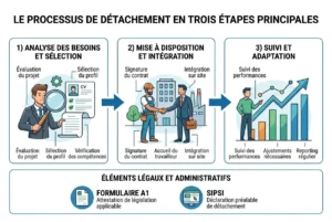 Illustration du processus de détachement en trois étapes: analyse des besoins, mise à disposition et intégration, suivi des performances et ajustements; inclut éléments légaux (A1, SIPSİ). coût embauche travailleurs roumains évoqué par le contexte.