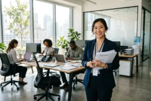 Jeune professionnelle souriante dans un bureau, prête à aider : elle tient des documents et porte un badge, entourée d’une équipe au travail. protection sociale intérimaire
