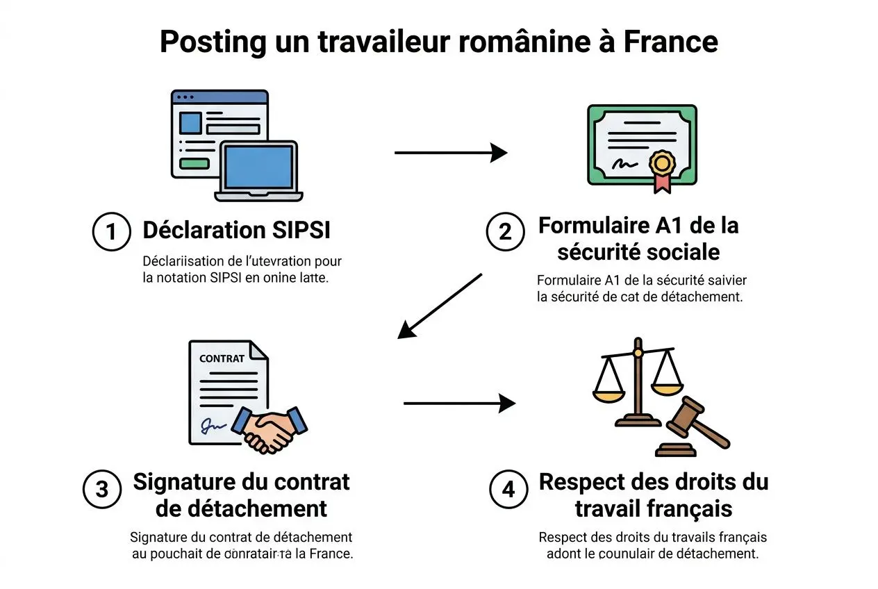 Processus d’embauche d’un travailleur roumain en France: Déclaration SIPSI, Formulaire A1, signature du contrat de détachement et respect des droits du travail français.