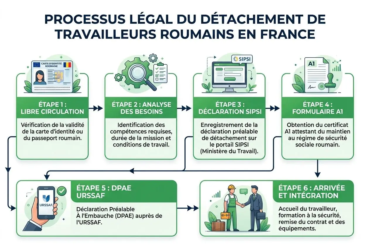 Processus légal du détachement de travailleurs roumains en France, intégré avec l’agence intérim roumains France et étapes administratives.
