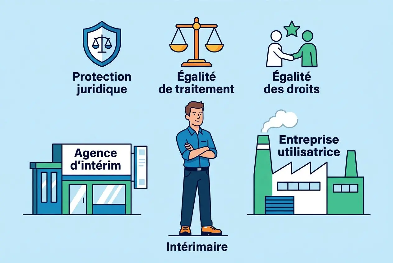 Protection sociale intérimaire: un intérimaire debout devant une usine, entouré d’icônes de protection (juridique, égalité de traitement, droits), et d’un siège “agence d’intérim” avec l’entreprise utilisatrice.