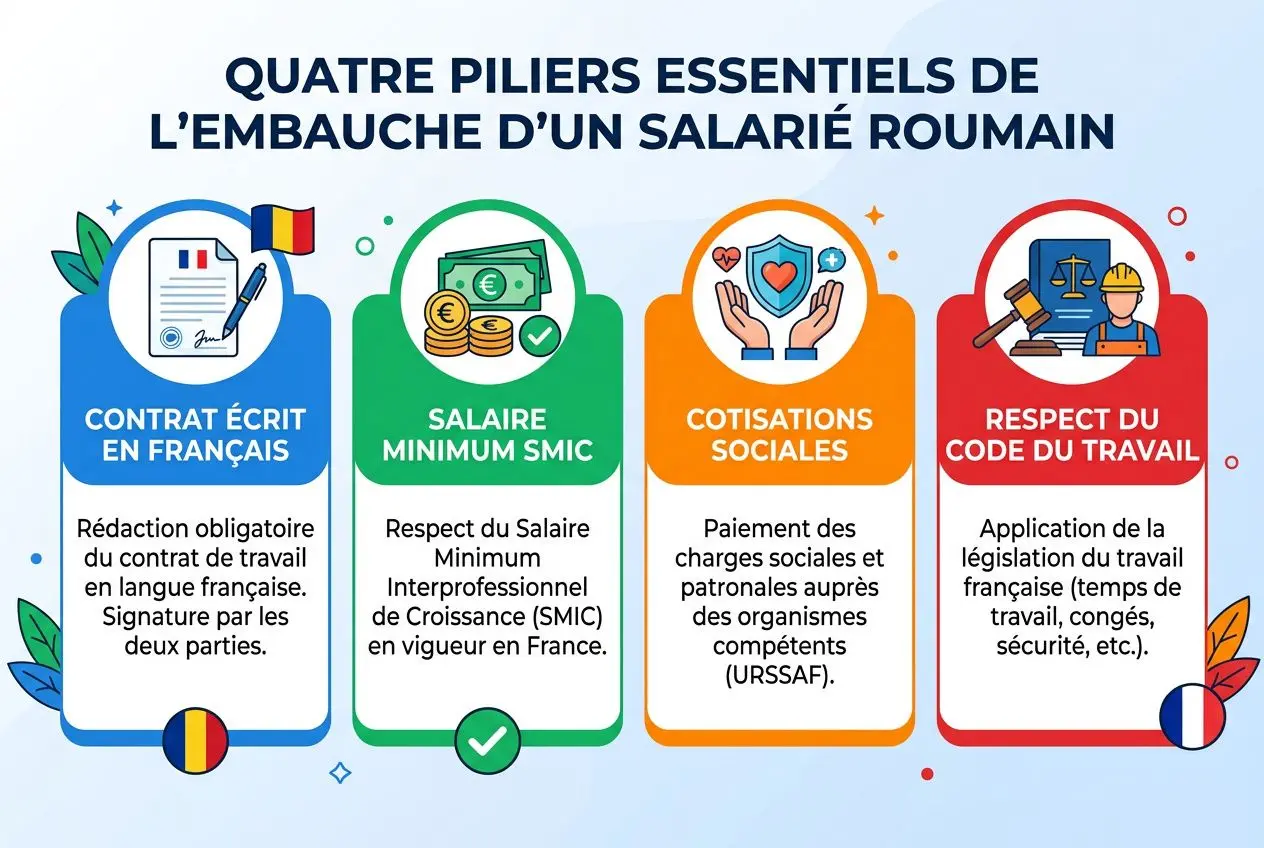 Quatre piliers essentiels de l’embauche d’un salarié roumain: contrat écrit en français, salaire minimum SMIC, cotisations sociales et respect du code du travail.