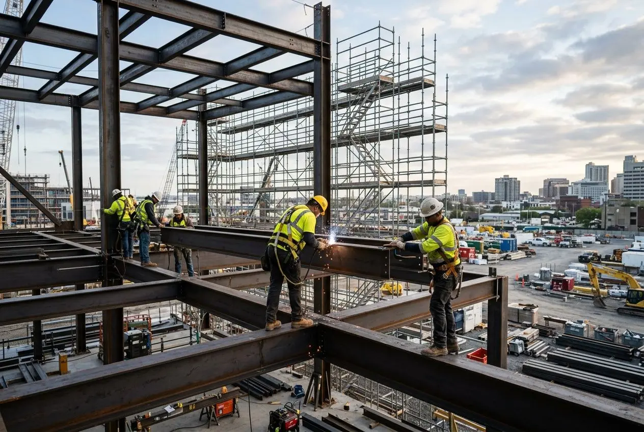 Travailleurs sur une ossature métallique en construction, porteurs de casques et gilets jaunes, sur un site avec scaffolding et machines de chantier. Coût embauche travailleurs roumains.