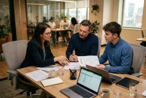 Trois professionnels discutent autour d’un document, en réunion d’entreprise, avec laptops et notes sur la table. intégré: droits des travailleurs intérimaires.