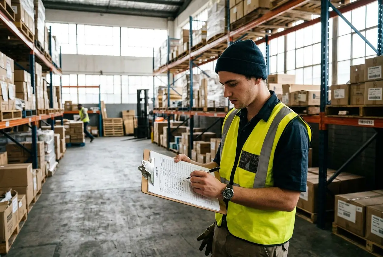 Agent en entrepôt prenant des notes sur un clipboard, portant gilet jaune, vérifiant des données de travail. heures supplémentaires intérimaires visibles.