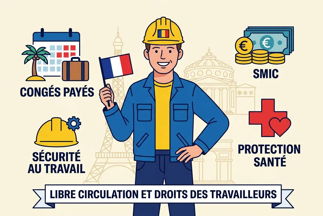 Agent intérimaire roumain posé devant éléments illustrés: drapeau, icônes sécurité, congés payés, protection santé et SMIC, avec texte "LIBRE CIRCULATION ET DROITS DES TRAVAILLEURS" pour l’agence interim roumanie en france.