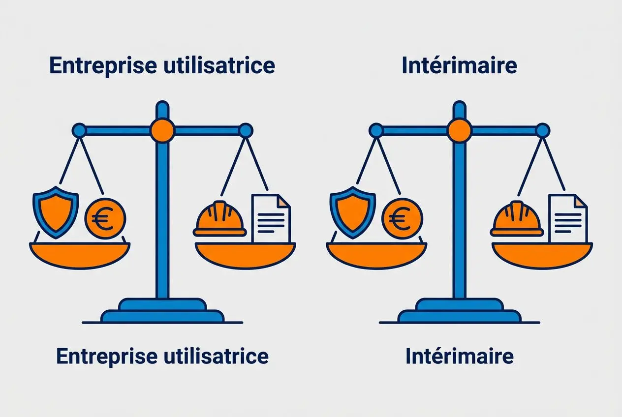 Balance montrant les avantages de l'intérim pour les entreprises et l’intérimaire, symboles sécurité, euro et documents. avants de l'intérim pour les entreprises