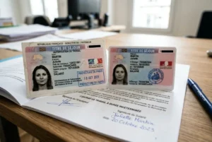 Cartes d’identité de séjour et documents administratifs posés sur un bureau, symbole d’intégration des ouvriers étrangers en entreprise. intégration ouvriers étrangers entreprise visible dans le contexte.