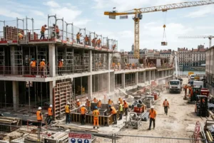 Chantier BTP avec de nombreux ouvriers en orange, grue et structure en construction, illustrant le besoin main d'œuvre btp urgent.