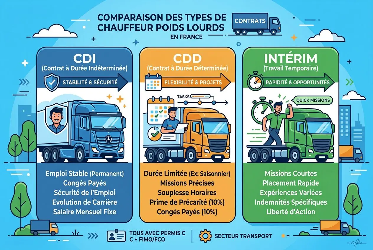 Comparaison des types de chauffeur poids lourds en France: CDI, CDD et intérim illustrée avec camions et silhouettes de chauffeurs. Recrutement chauffeur poids lourd.