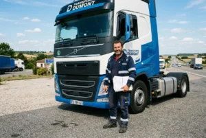 Conducteur poids lourd devant un camion de transport en périphérie, prêt pour le recrutement chauffeur poids lourd.