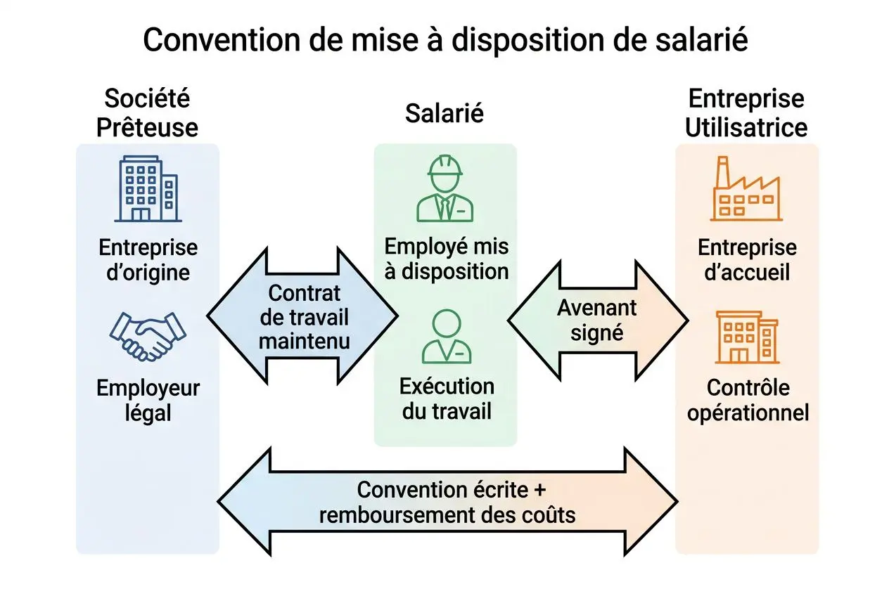 Convention mise à disposition salarié : schéma montrant les rôles de l’employeur, du salarié et de l’entreprise utilisatrice avec contrat, avenant et remboursement des coûts.