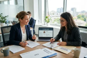 Deux femmes en entretien professionnel autour d’une table, avec CV et documents, échangeant sourires. Un ordinateur portable affichant des modèles de CV.