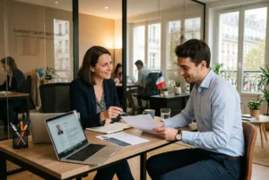 Deux professionnels en entretien d’embauche dans un bureau, échanges autour de documents et d’un ordinateur portable. Avantages de l’intérim pour les entreprises.