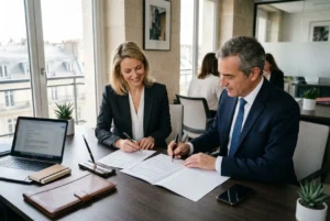Deux professionnels signent un document officiel au bureau, près d’un ordinateur portable et d’un téléphone, ambiance travail. intégré: convention mise à disposition salarié.
