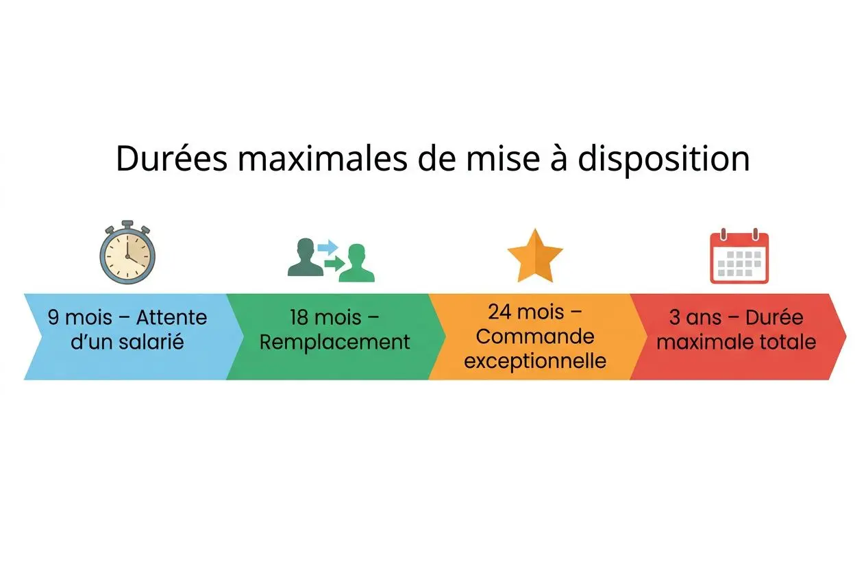 Durées maximales de mise à disposition illustrant les étapes: 9 mois d’attente d’un salarié, 18 mois remplacement, 24 mois commande exceptionnelle et 3 ans durée maximale totale. Convention mise à disposition salarié.