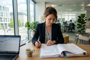 Femme de bureau en blazer signe un contrat sur une table, près d’un ordinateur portable, avec café, dans un espace de travail moderne. durée légale mission interim.