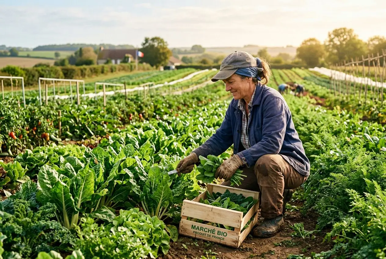 Femme paysanne récoltant des légumes dans un champ, caisse en bois « Marché Bio ». | offre d'emploi ouvrier agricole intégrée naturellement.