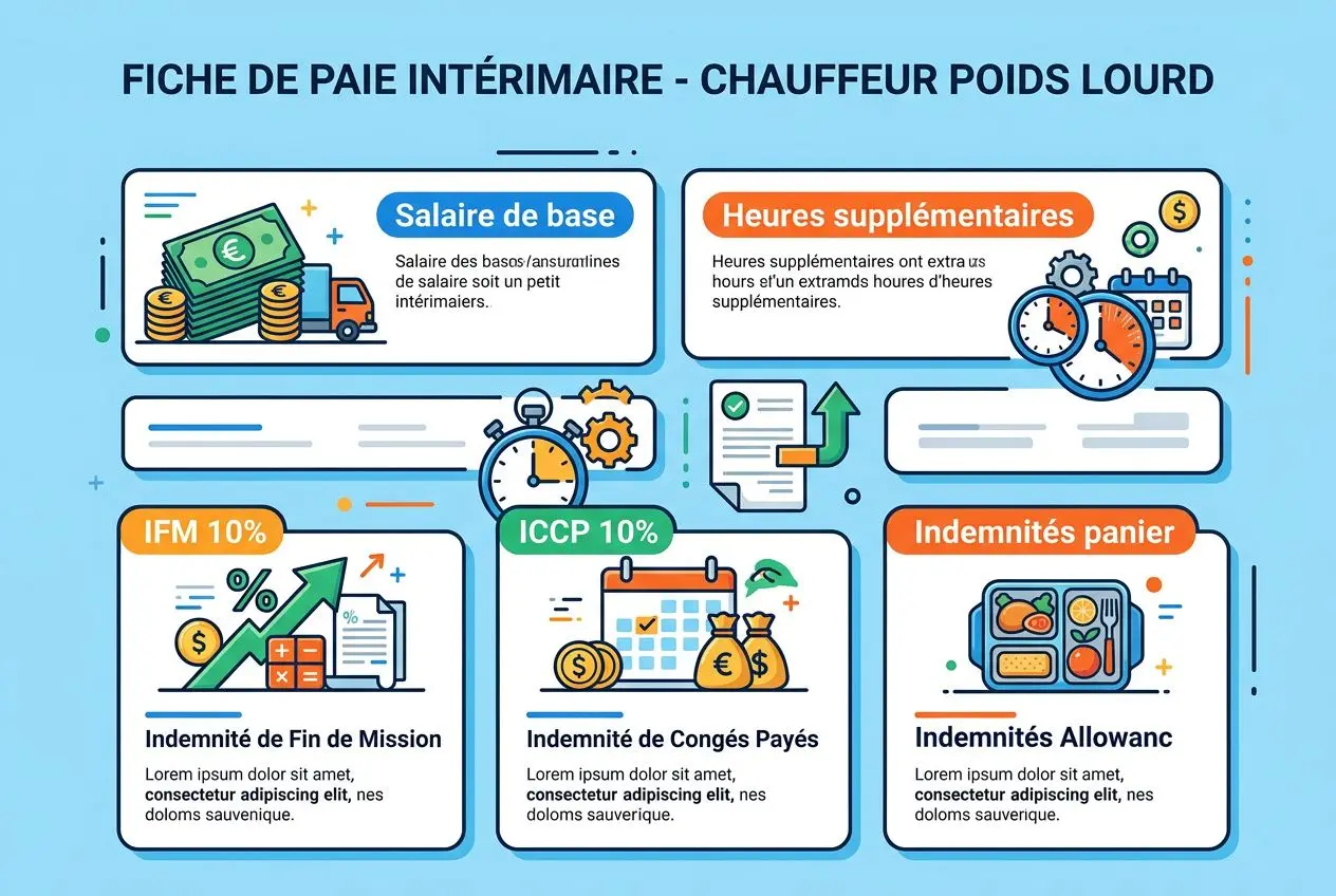 Fiche de paie intérimaire : chauffeur poids lourd, bases et primes affichées avec heures supplémentaires, indemnités et éléments de mission sur fond bleu.