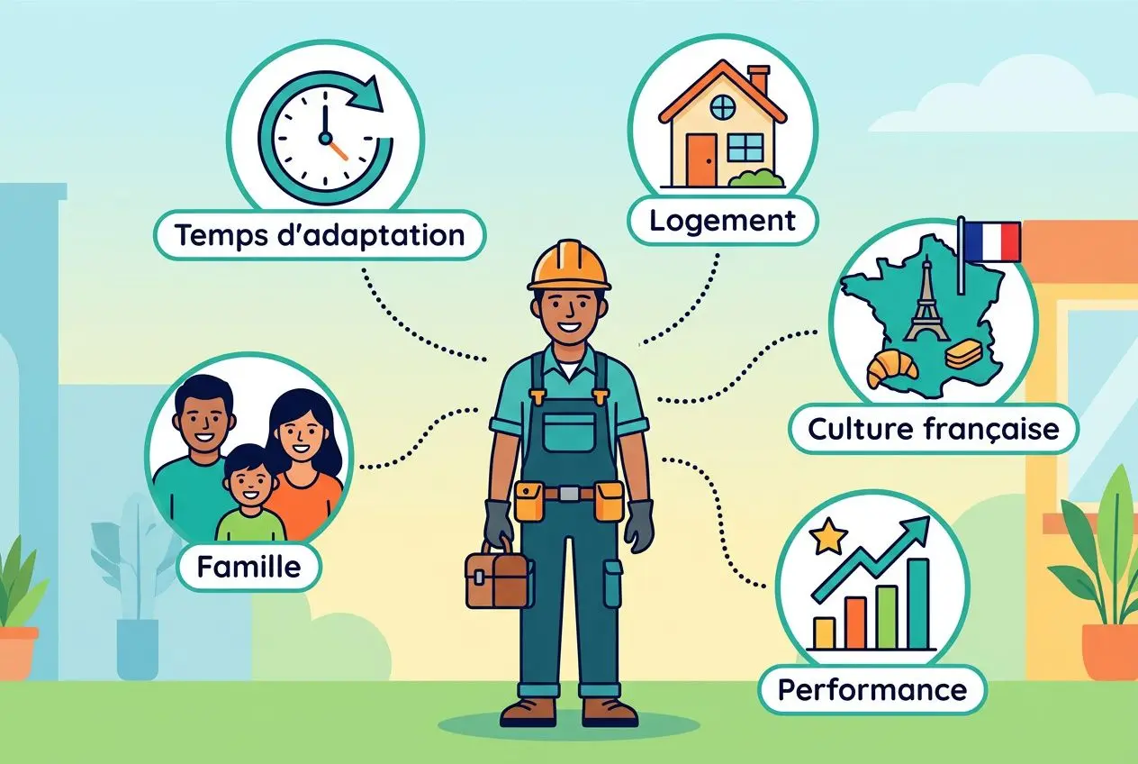 Illustration d’un ouvrier au centre, entouré par des icônes: temps d’adaptation, logement, culture française, famille et performance, représentant l’intégration ouvriers étrangers entreprise.